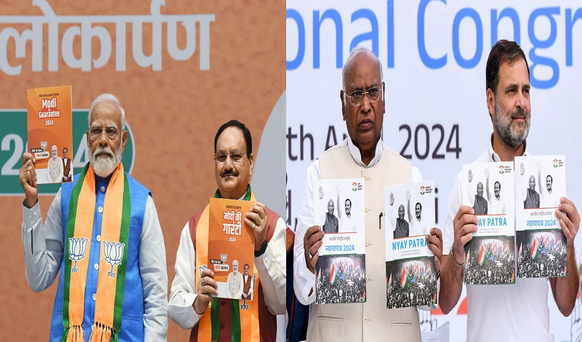 BJP vs Congress Manifesto: मोदी की 24 गारंटियां तो कांग्रेस के 10 न्याय, युवा, किसान, महिला और बुजुर्गों के लिए क्या कुछ हैं वादे